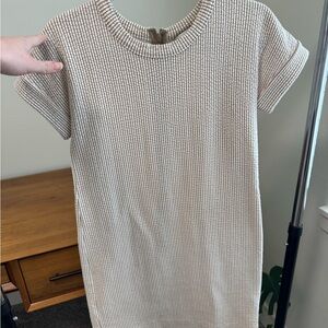 Club Monaco Striped Short Sleeve Shift Dress in Cream and Tan